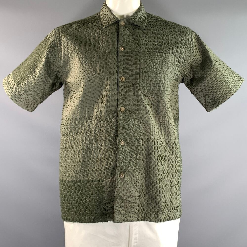 18 EAST Size L Green Embroidery Cotton Pointed Collar Short Sleeve Shirt